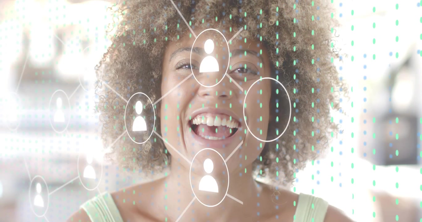 Woman gazing, white circles appearing and connecting nodes with green code for technology demo