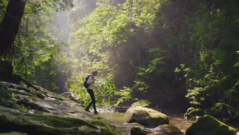 Una-Mujer-Solitaria-Deambula-Por-El-Agua-En-El-Bosque-Perdido-En-El-Bosque-Aventuras-Peligrosas-La-Ra