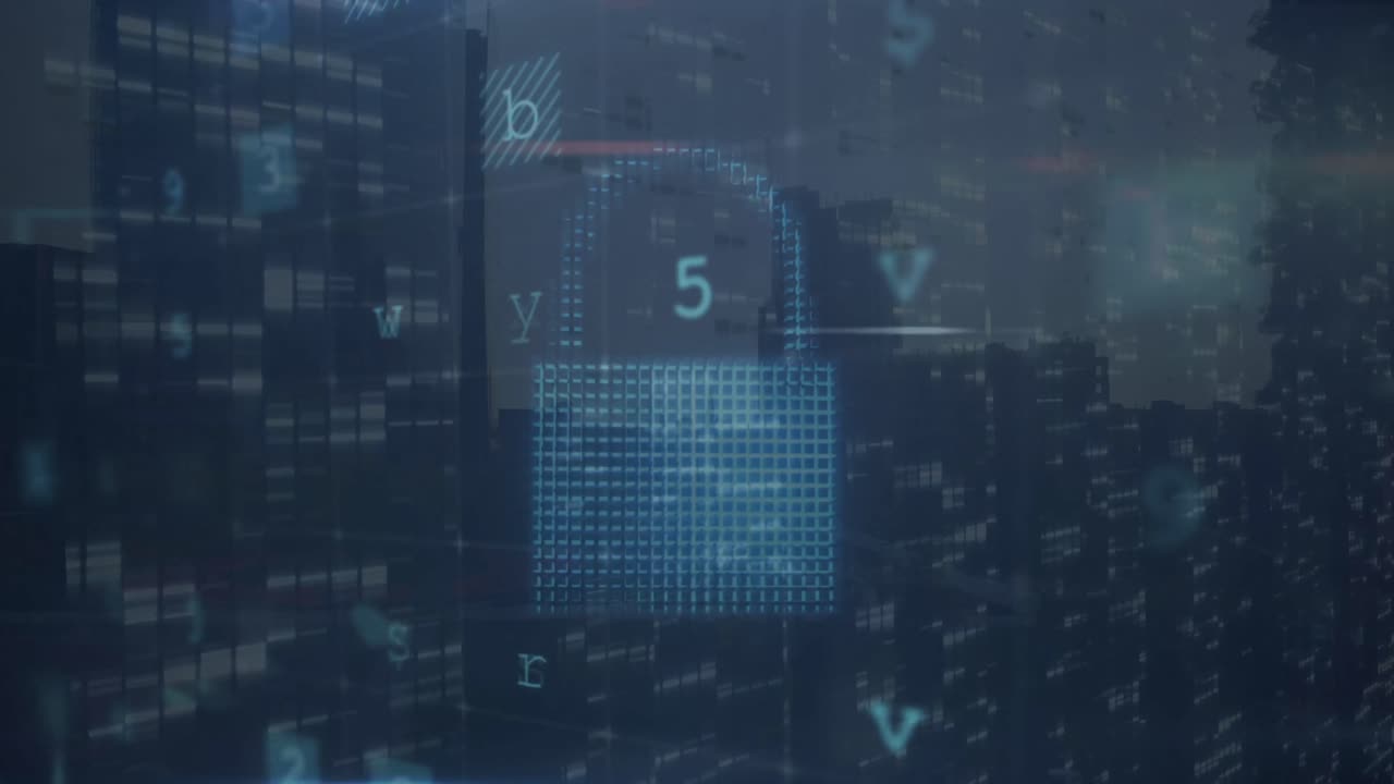animación de escaneo de virus, números y candado digital sobre el paisaje urbano
