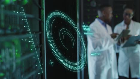 Animation of scope scanning over african american workers using tablet in server room