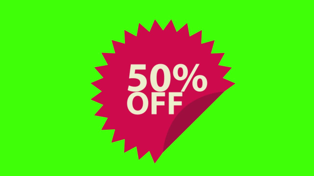 Icona adesivo di etichetta "50% di sconto" su schermo verde in 4K