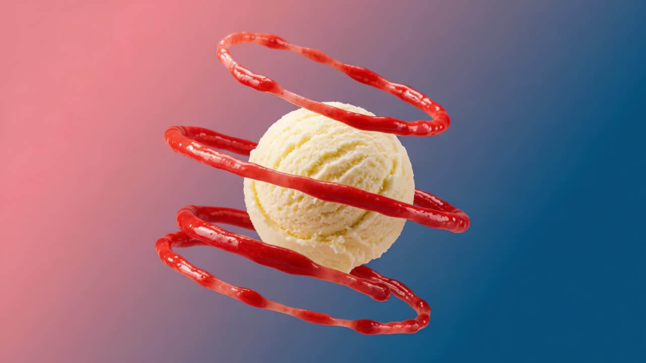 A Delightful Spin: Creamy Vanilla Ice Cream Drenched in Rich Red Sauce, Captured in Motion Against a Colorful Background