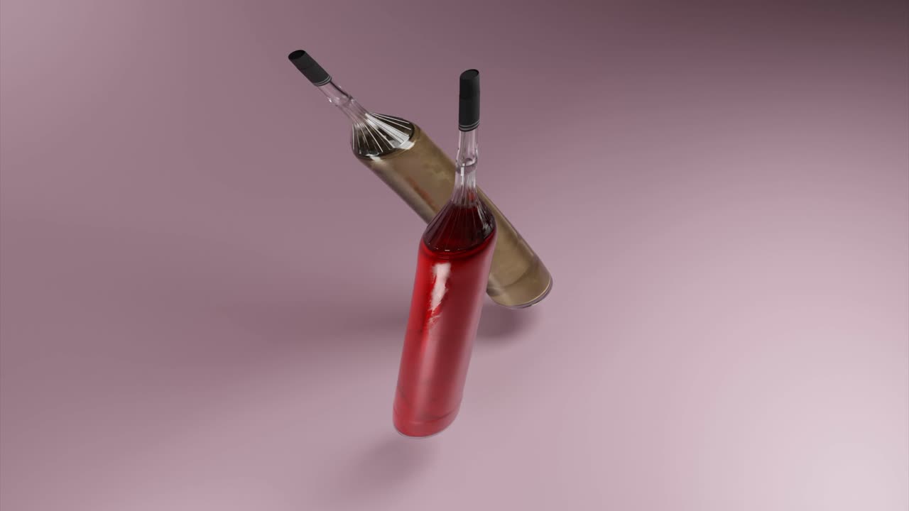 dos botellas de vidrio llenas de líquidos rojos y amarillos, flotando en el aire contra un fondo rosa.