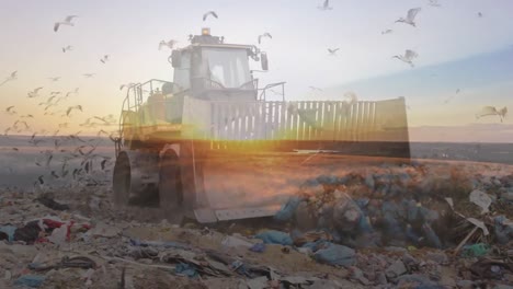 animación de pájaros volando sobre una excavadora en un sitio de eliminación de residuos
