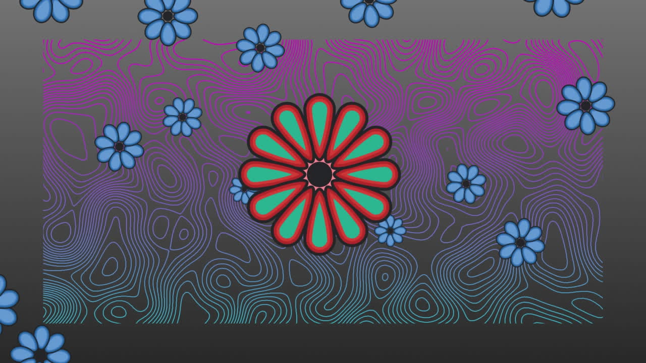 animación de cabeza de flor roja y verde, con flores azules flotantes en fondo gris