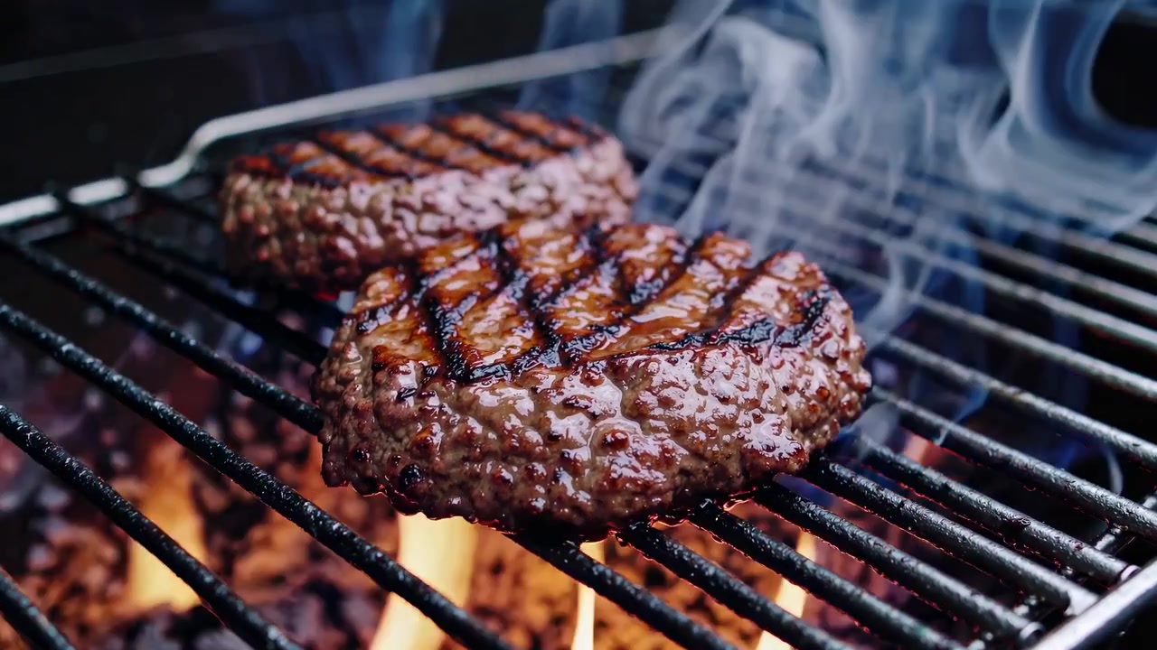 Deliziosi hamburger che sfrigolano su una griglia rovente per barbecue