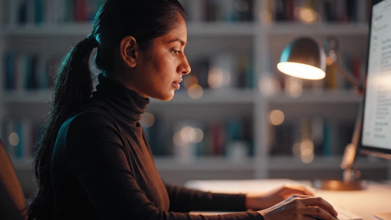Focused Young Woman Working Late at Night on Computer with a Desk Lamp Illuminating Her Intense Expression in a Cozy Home Office Setting