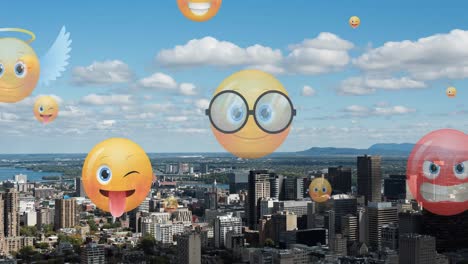 Animation-of-emoji-icons-flying-up-over-cityscape