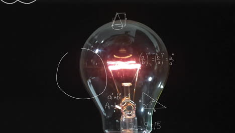 animation of lit light bulb over mathematical data processing
