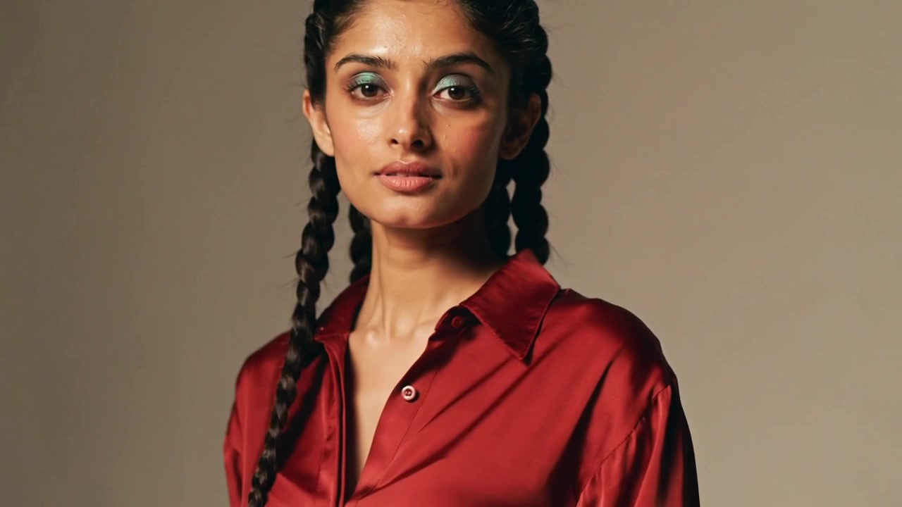 Ein indisches Model dreht sich auf Kamerazeichen und posiert im Studio für ein Porträt, mit roter Satinbluse und geflochtenen Zöpfen.