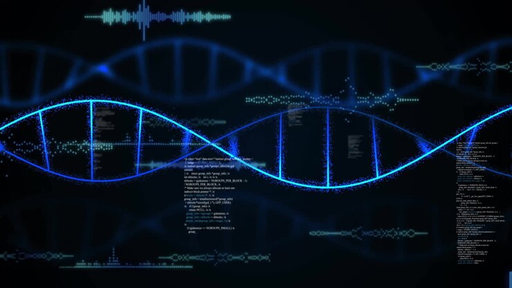 DNA strand and binary coding, processing scientific data in animation