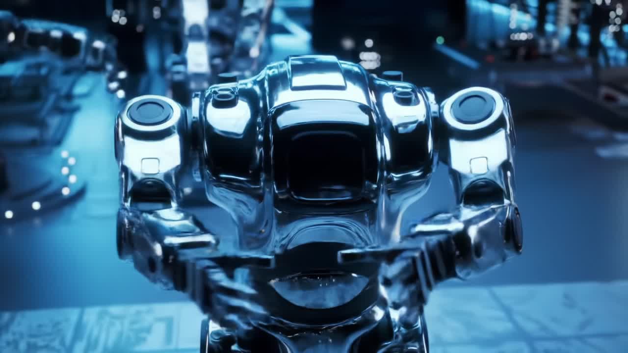 A Futuristic Encounter: Exploring the Intricacies of Robotic Design and Functionality in a High-Tech Environment with Advanced Mechanics and Sleek Aesthetics