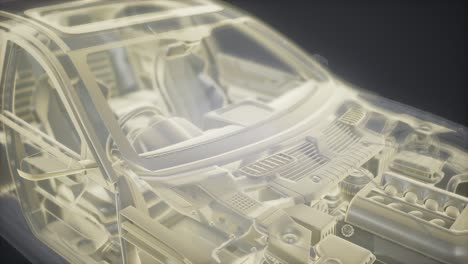 holographic animation of 3d wireframe car model with engine