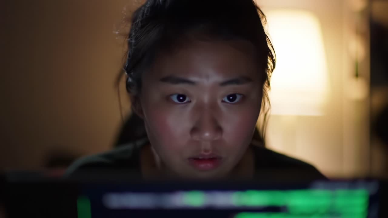 An intense focus captures a moment of deep concentration as a young woman engages with complex data on her screen, immersed in the world of technology and information