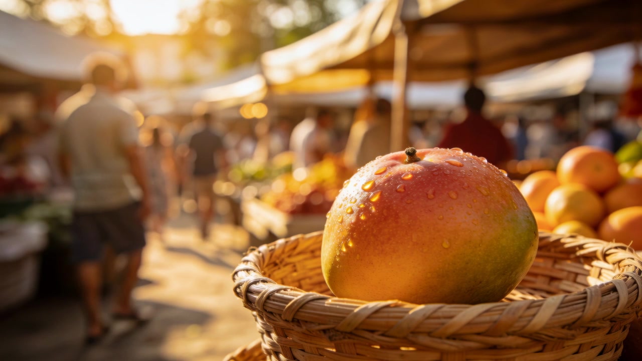 Inquadratura iniziale con la telecamera che mostra un mango in un cesto di vimini al mercato, mentre acquirenti in abiti estivi passeggiano.
