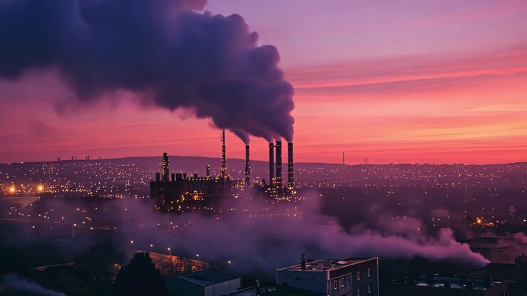 Cityscape at dawn with industrial pollution