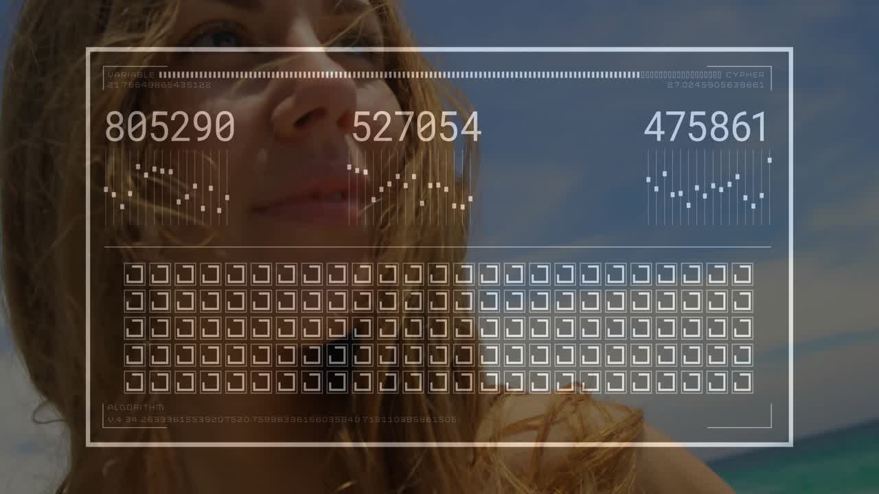 Vrouw kijkt op aan het strand terwijl een overlay verschijnt en gegevens bijwerkt voor gezichtsanalyse-technologie.