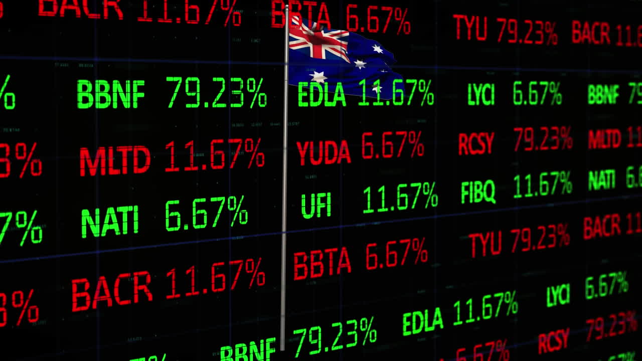 animación del procesamiento de datos financieros sobre la bandera de australia.