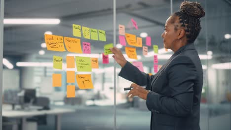 african american businesswoman creating project plan on office wall with paper notes. stylish confident manager working on business, financial and marketing projects. specialist in diverse team.