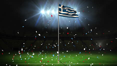 animation of falling confetti over waving flag of greece on pole against lights in empty stadium