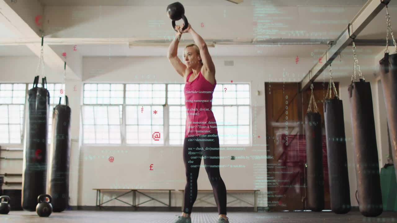 Woman lifting kettlebell in gym with data processing animation overlay