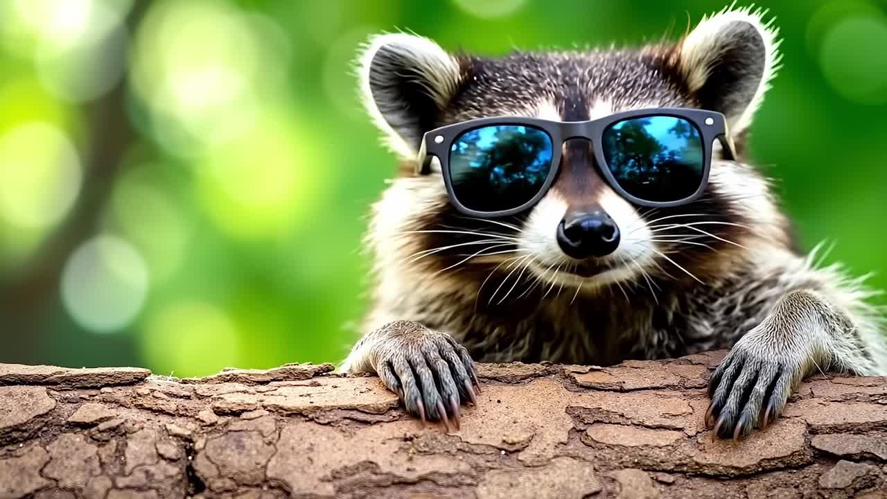 A raccoon wearing sunglasses peeking over a tree branch