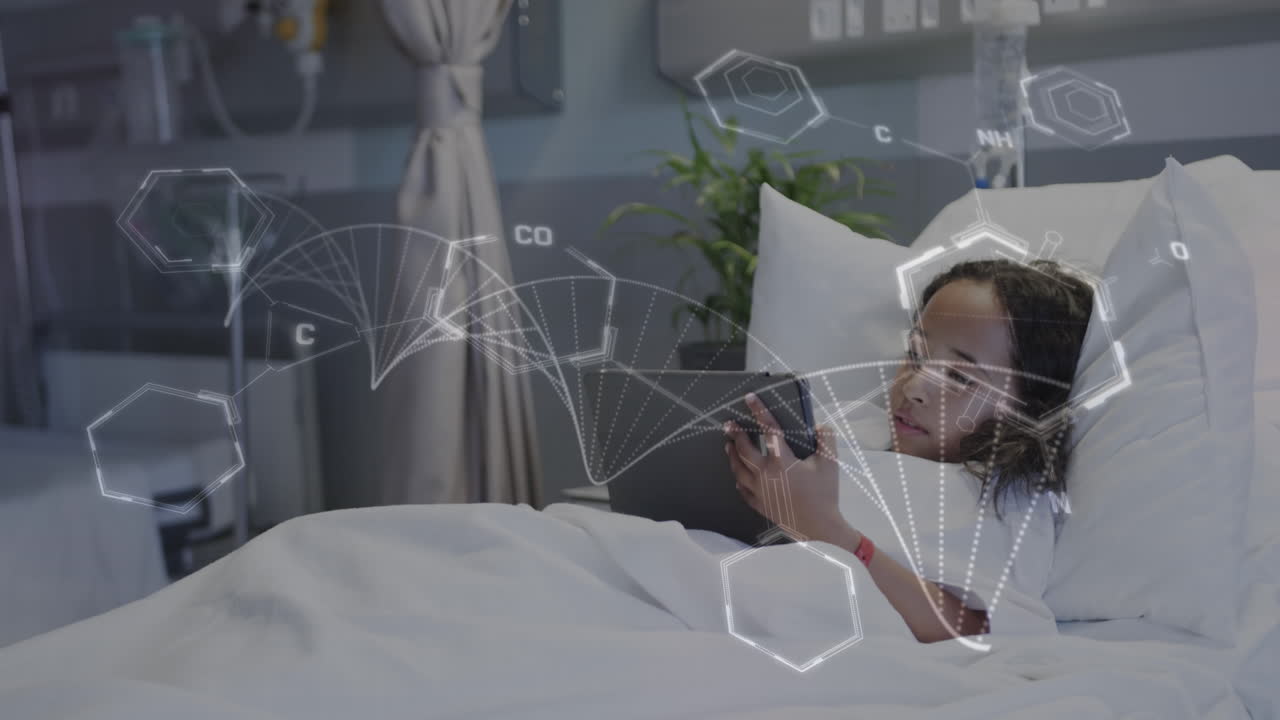Animation of data processing over biracial girl patient using tablet in hospital bed