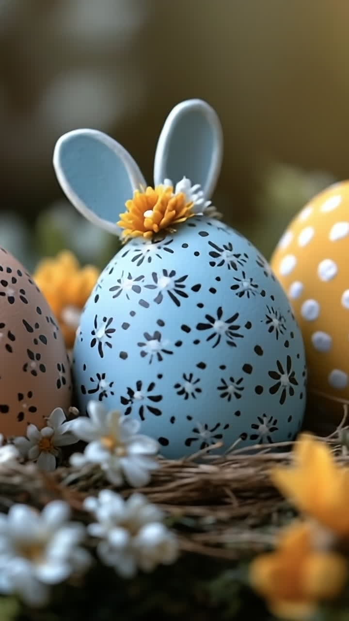 Colorful Easter eggs in a floral nest. Decorative Easter eggs in blue, orange, and yellow nestled in a floral arrangement with bright flowers and greenery.