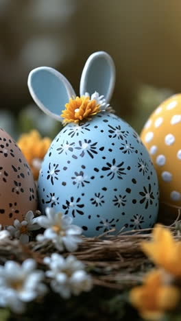 colorful easter eggs in a floral nest. decorative easter eggs in blue, orange, and yellow nestled in a floral arrangement with bright flowers and greenery.