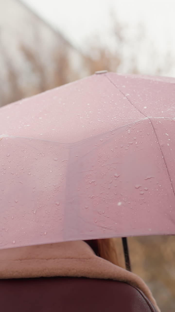 Shot of umbrella over person s head, wearing knit cap, brown shearling jacket, capturing peaceful winter scene with snowflakes falling gently around, showcasing tranquil cold weather atmosphere
