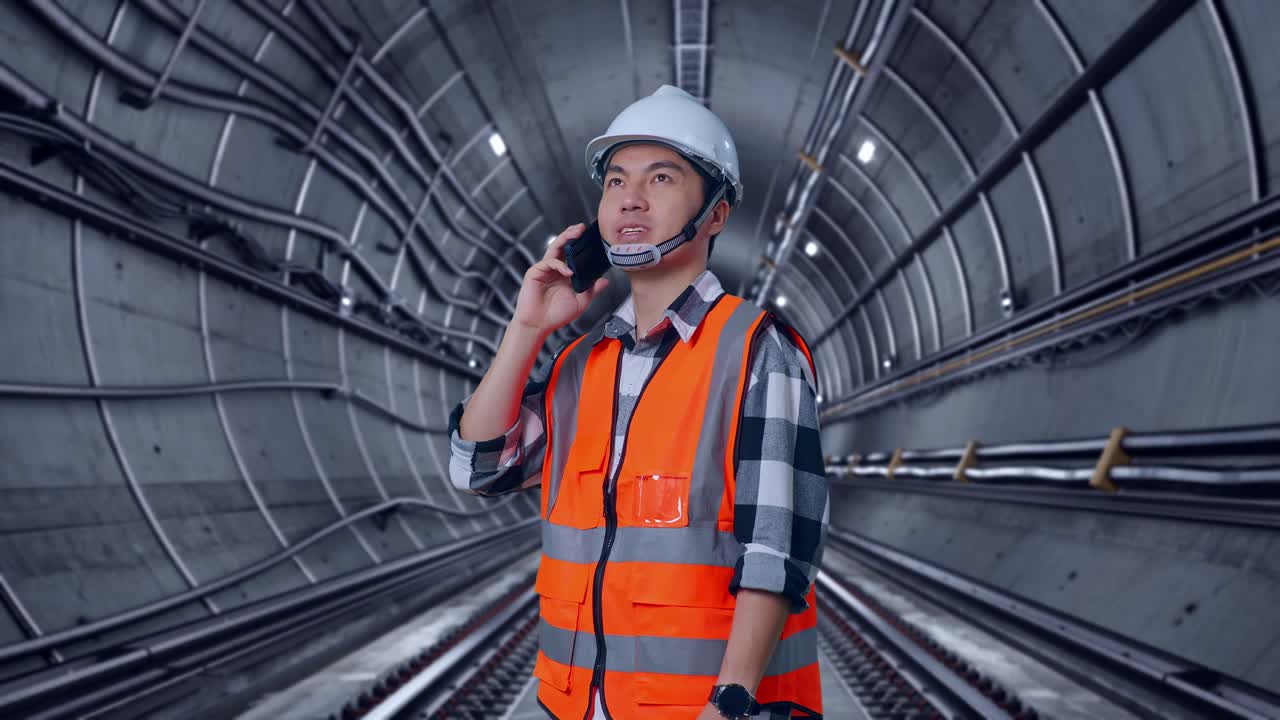 Side View Of Asian Male Engineer With Safety Helmet Talking On Smartphone While Standing In Underground Subway Tunnel