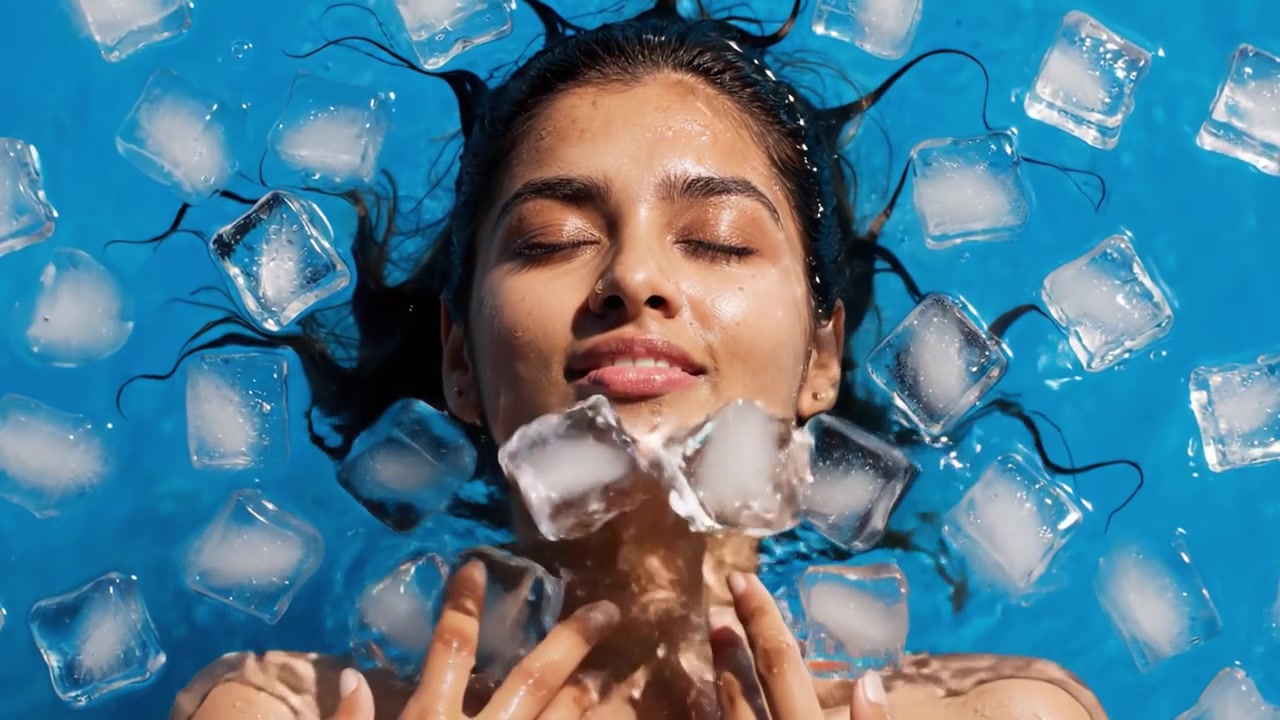 Bellezza serena: Un momento accattivante di relax e ristoro con cubetti di ghiaccio in piscina, che mostra tranquillità e ringiovanimento sotto i dolci raggi del sole