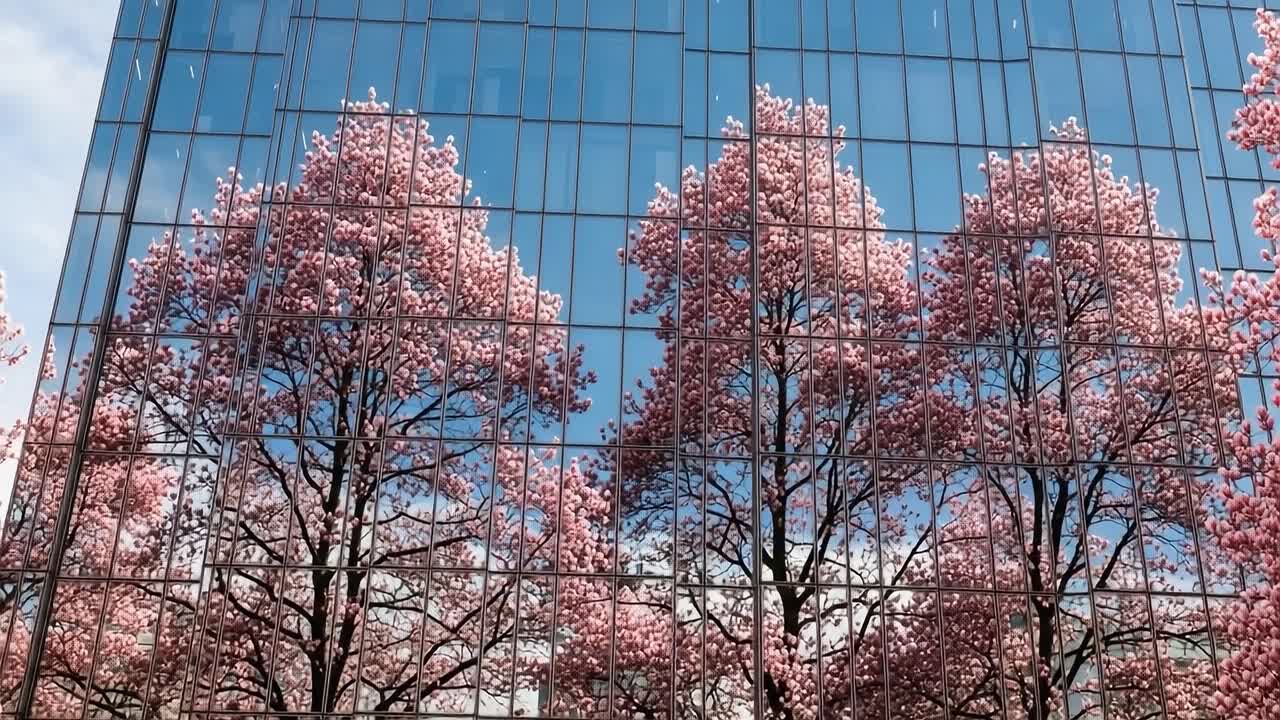 Reflection of Cherry Blossoms in Modern Glass Facade: A Beautiful Spring Day Showcasing Nature's Colors Against Urban Architecture