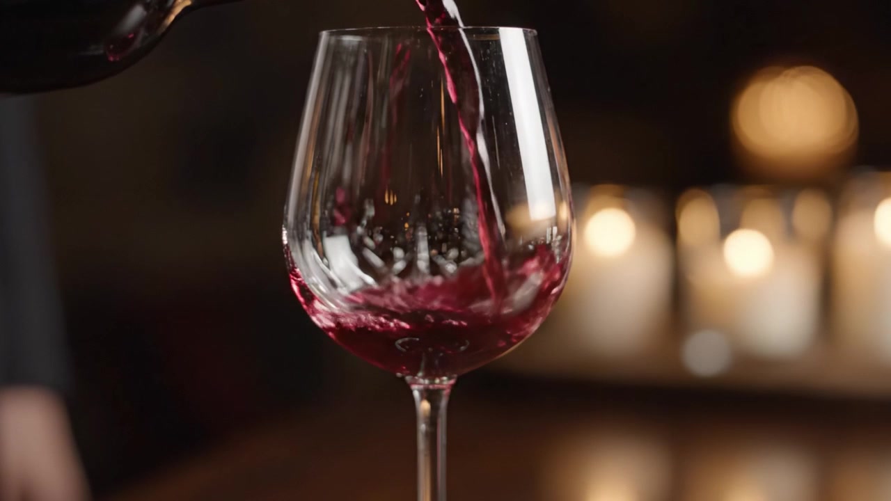 Un'esperienza lussuosa: versare un ricco vino rosso in un elegante bicchiere di cristallo, arricchita da candele soffuse sullo sfondo per un ambiente intimo.