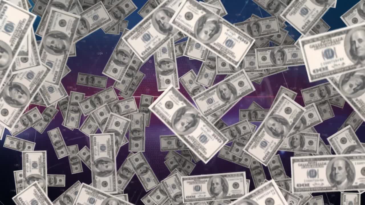 animación de billetes de dólares estadounidenses flotando sobre un monitor de frecuencia cardíaca y un globo terráqueo