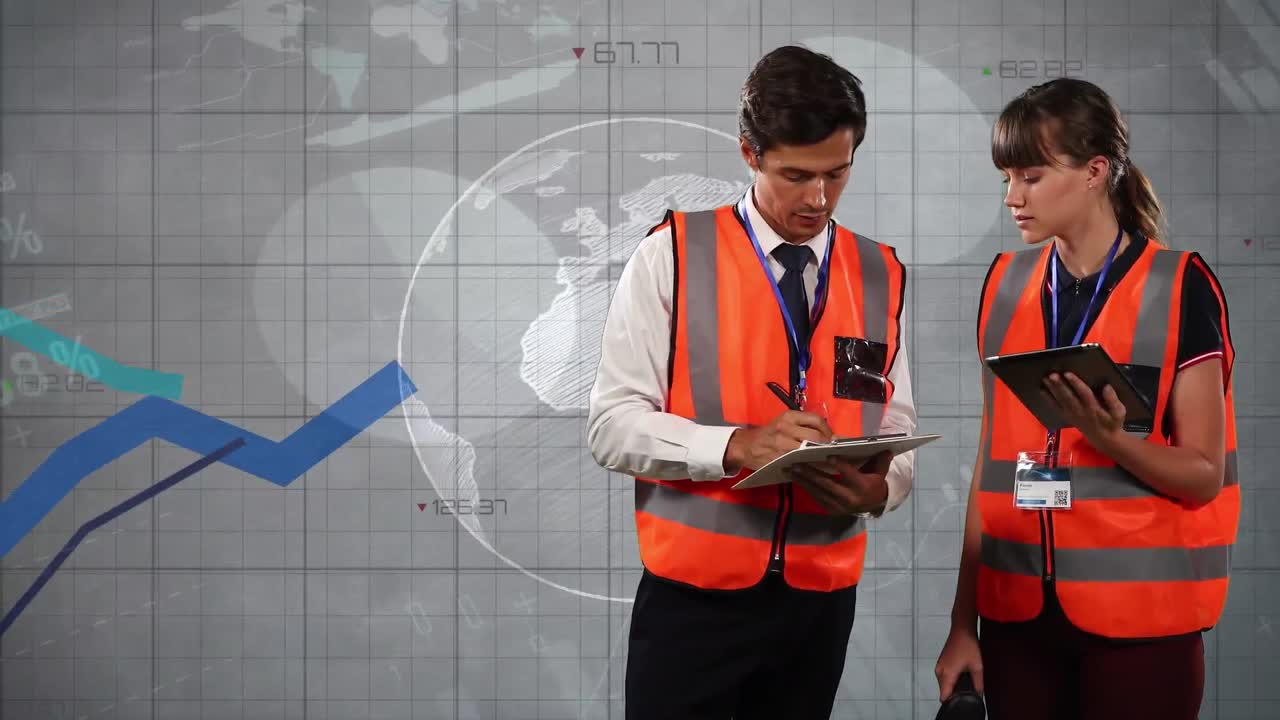 animación de diversos datos financieros y gráficos sobre ingenieras y ingenieros caucásicos