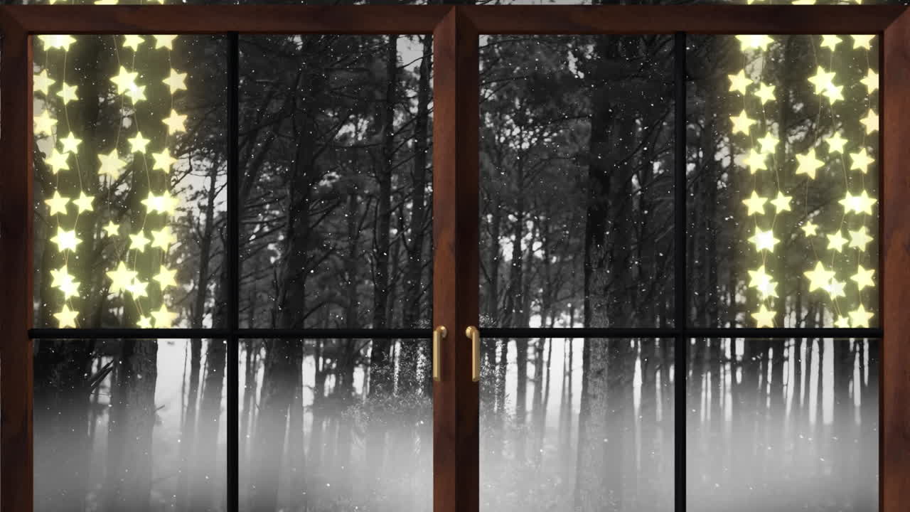 창문 을 통해 볼 수 있는 크리스마스 요정 빛 과 겨울 풍경 의 매달린 줄 의 애니메이션