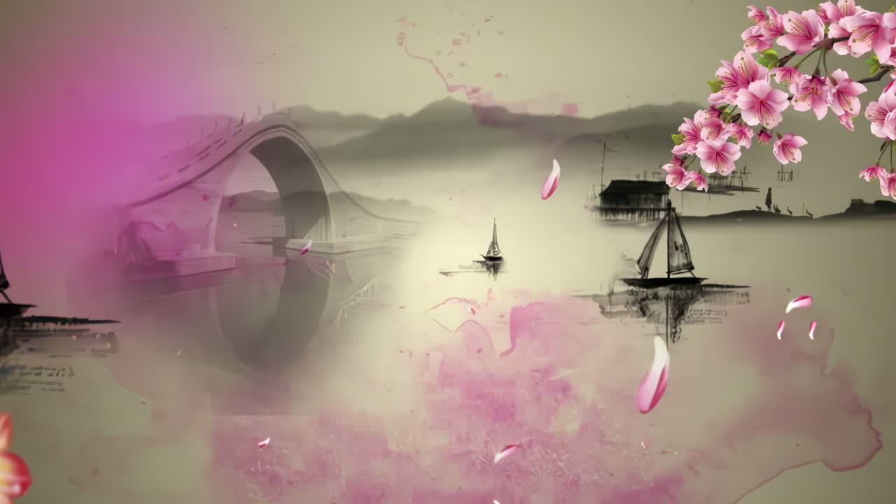 신비로운 풍경: 중국의 전통적인 동양 디지털 예술 애니메이션, 중국 레트로 페인팅 잉크, 꽃, 나무, 새, 흐린 배경의 강