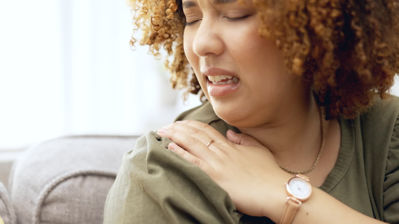 Health, shoulder pain and woman with stress