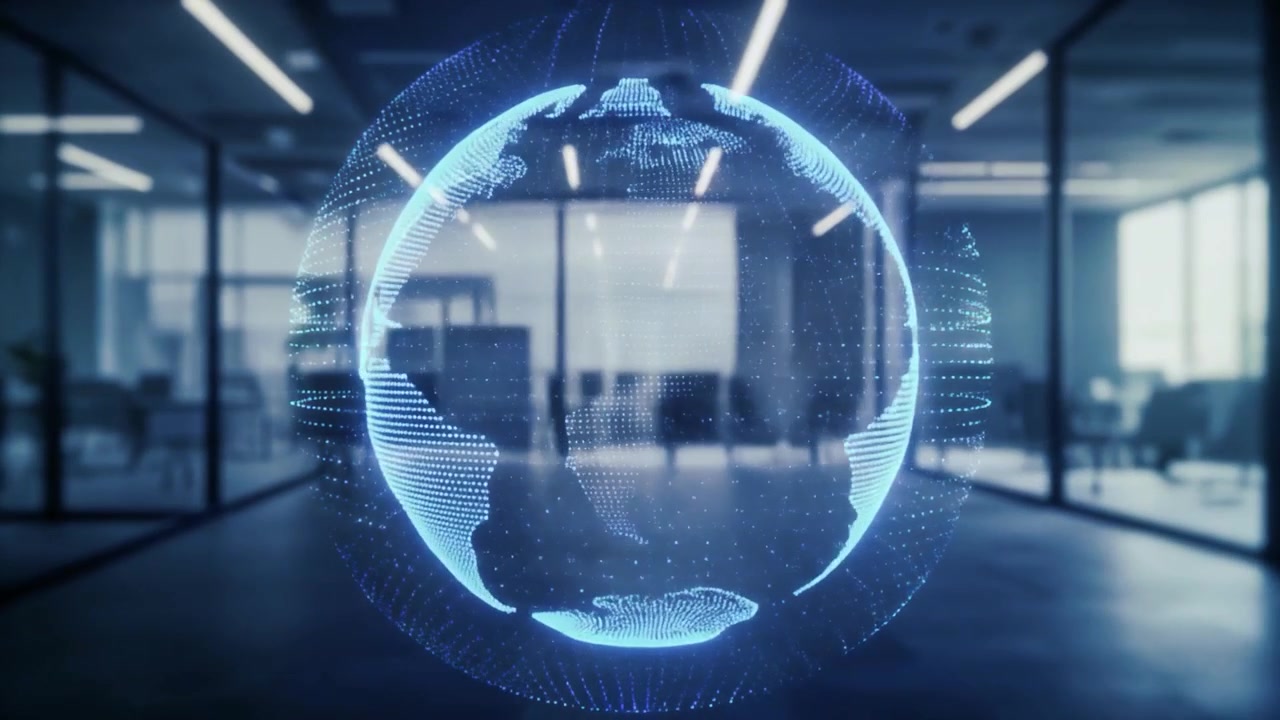 Digital Holographic Globe Rotating in Modern Office Interior