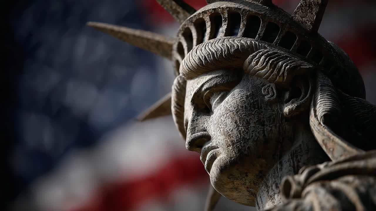 A Close-Up Perspective of a Symbol of Freedom: The Statue of Liberty with Artistic Lighting and a Vibrant American Flag Background