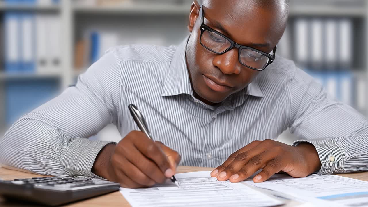 Focused Individual Completing Forms on a Desk Surrounded by Office Supplies, Demonstrating Diligence and Concentration in a Professional Setting
