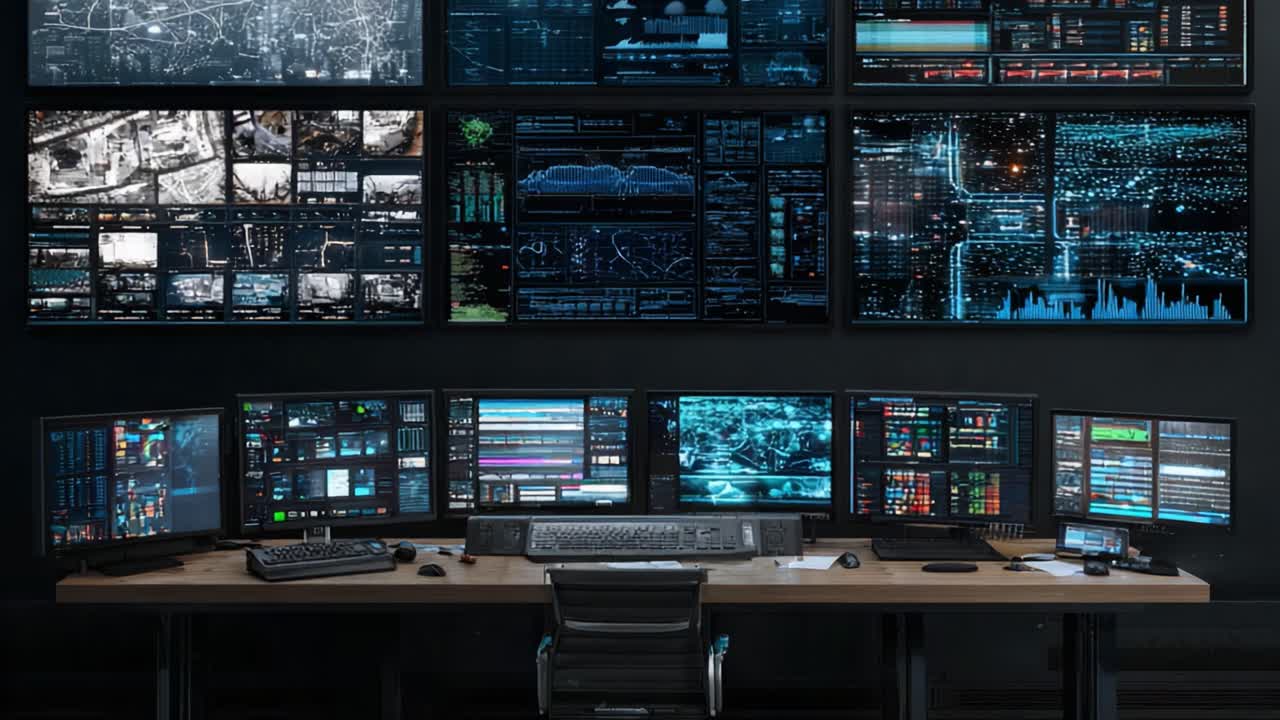 Ein High-Tech-Kontrollraum mit mehreren Monitoren, die Datenanalysen, Echtzeitinformationen und komplexe Visualisierungen von Netzwerksystemen und Sicherheitsüberwachung anzeigen.