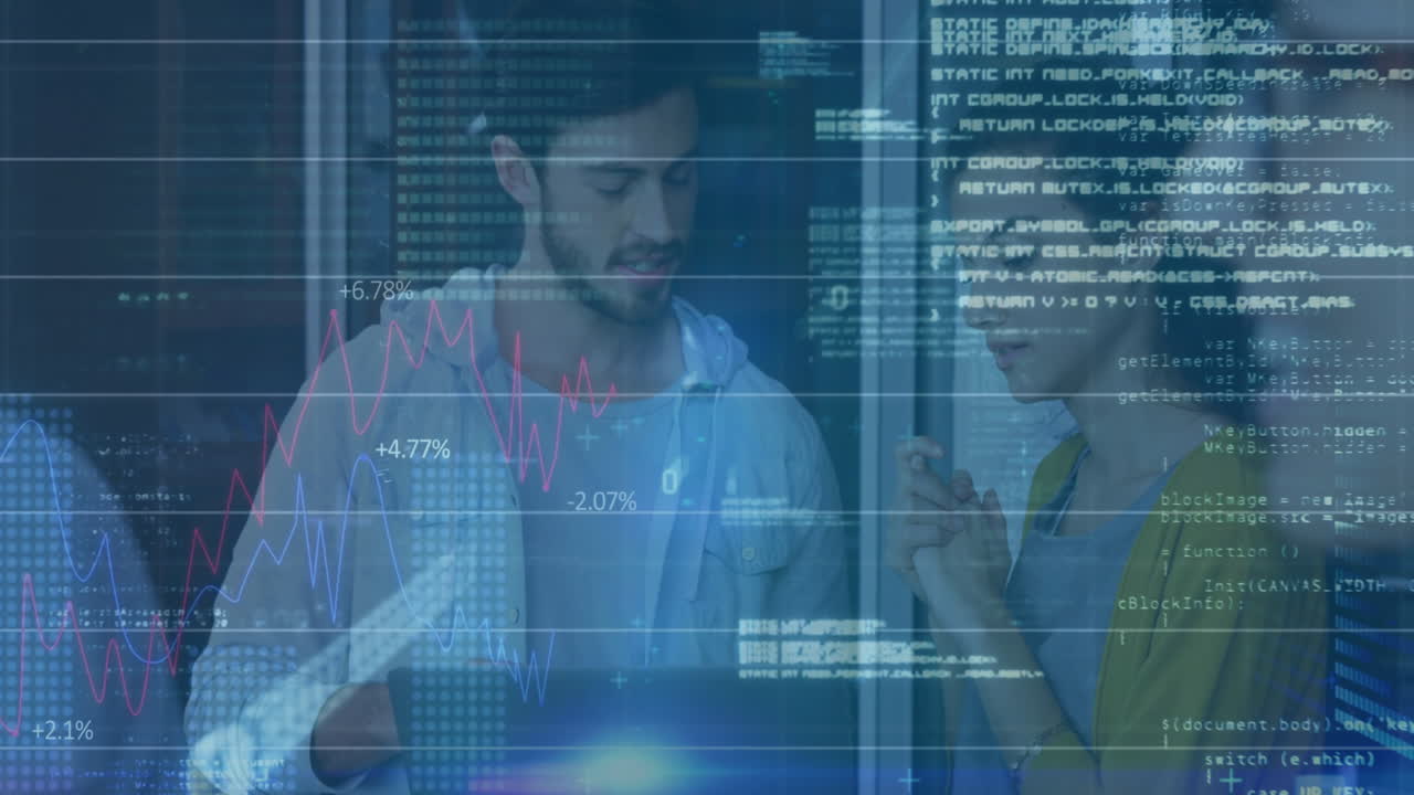 datos financieros y animación de codificación sobre personas de negocios discutiendo en la oficina