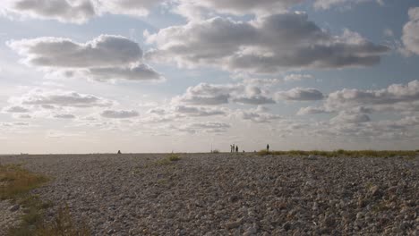 shot of locals walking along rocky beach in le havre in the seine-maritime, france during evening time on a cloudy day