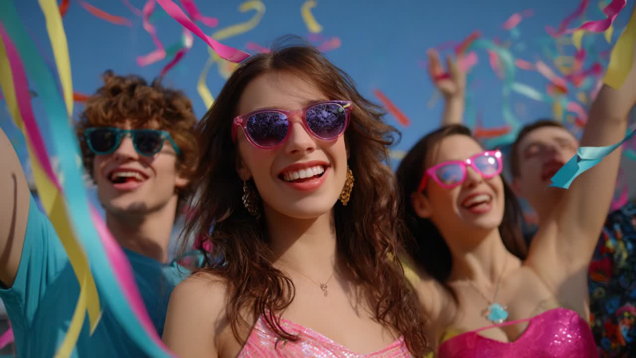 A Vibrant Celebration of Joy and Friendship Capturing the Essence of Youthful Spirit, With Colorful Confetti, Lively Music, and Friends Enjoying the Beautiful Day in a Fun and Energetic Atmosphere
