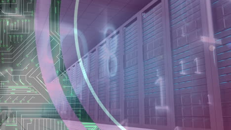 animación de conexiones de microprocesador y codificación binaria sobre una sala de servidor de computadora vacía