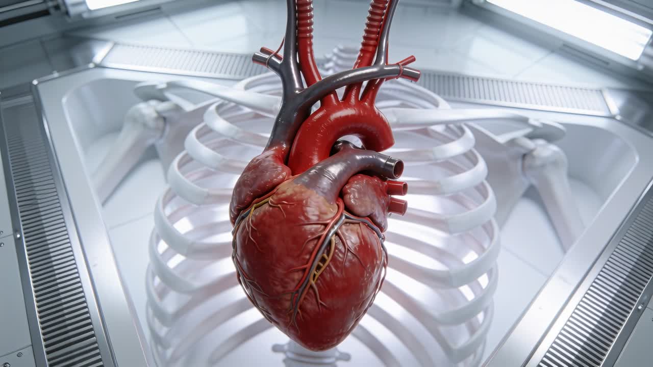 Una telecamera che ingrandisce, mostrando un modello di cuore sintetico con la gabbia toracica in una camera clinica, rivelando i vasi sanguigni.