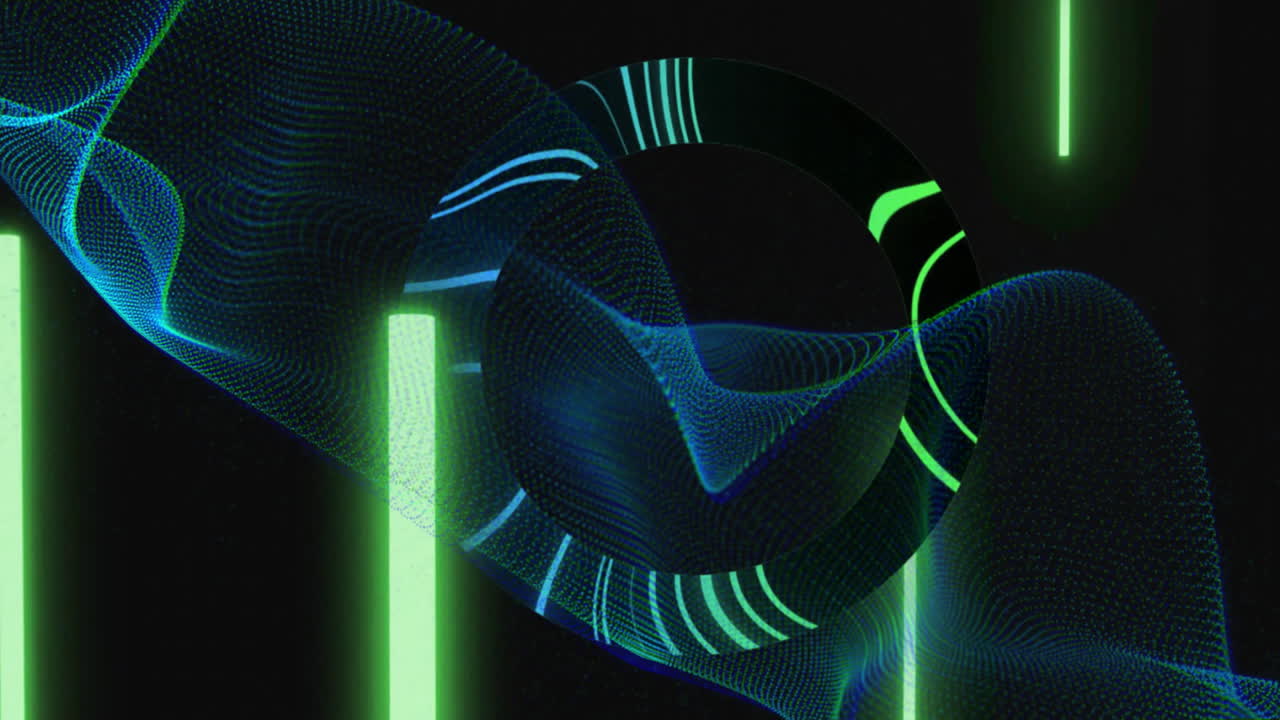 Turquoise mesh wave flowing across black background, overlaying glowing green bars and striped arcs