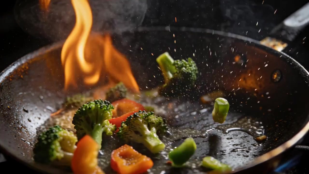Kaster broccoli, rød peberfrugt, efter at madolie blusser op på panden på et gasblus, til svitsning.